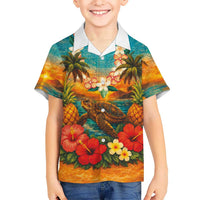 Hawaiian Turtles on Beach Family Matching Off Shoulder Short Dress and Hawaiian Shirt with Pineapple Tropical Plant and Lei LT03 Son's Shirt Multicolor - Polynesian Pride