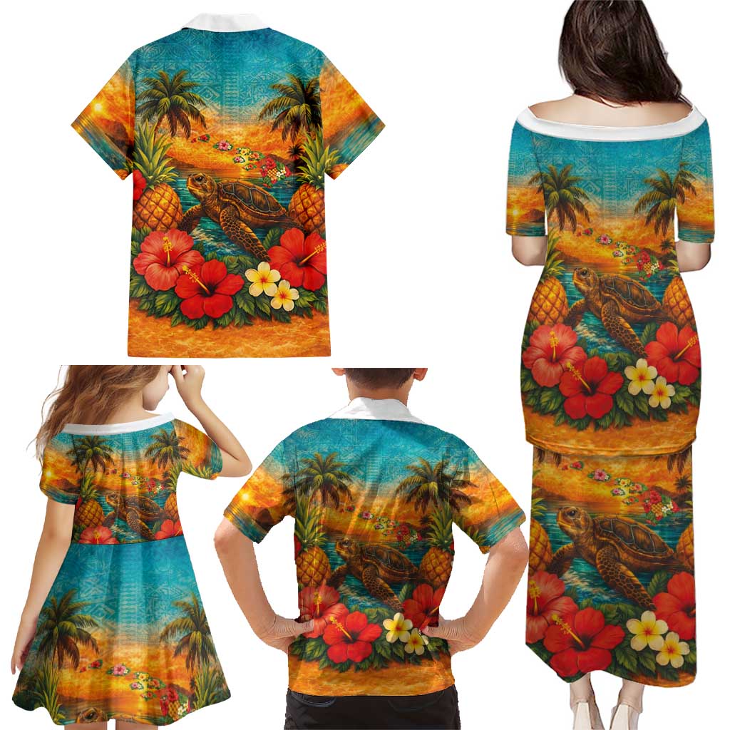 Hawaiian Turtles on Beach Family Matching Puletasi and Hawaiian Shirt with Pineapple Tropical Plant and Lei LT03 - Polynesian Pride