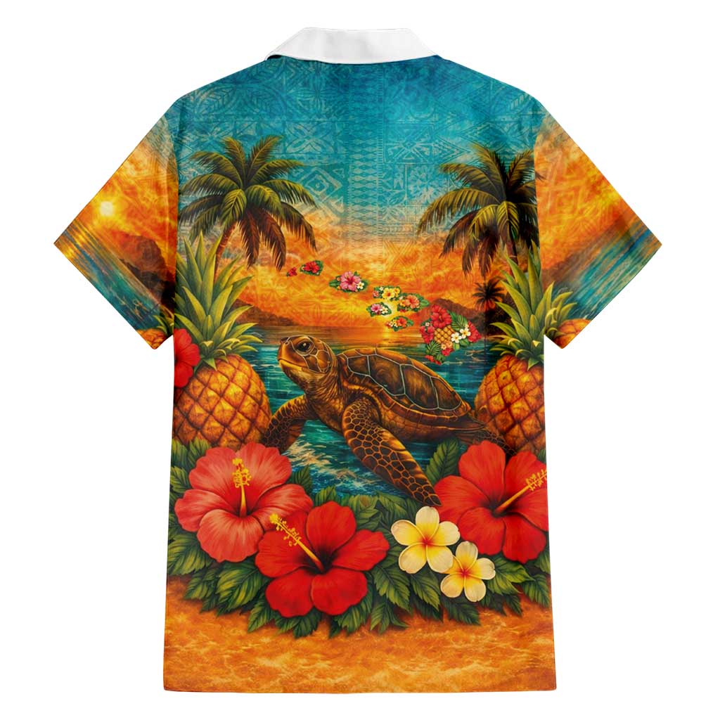 Hawaiian Turtles on Beach Family Matching Short Sleeve Bodycon Dress and Hawaiian Shirt with Pineapple Tropical Plant and Lei LT03 - Polynesian Pride