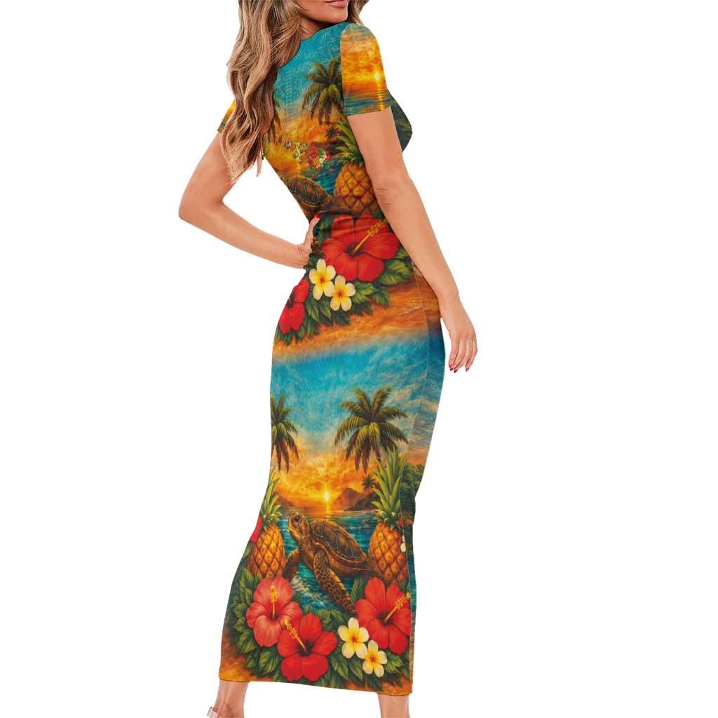Hawaiian Turtles on Beach Family Matching Short Sleeve Bodycon Dress and Hawaiian Shirt with Pineapple Tropical Plant and Lei LT03 - Polynesian Pride