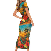 Hawaiian Turtles on Beach Family Matching Short Sleeve Bodycon Dress and Hawaiian Shirt with Pineapple Tropical Plant and Lei LT03 - Polynesian Pride