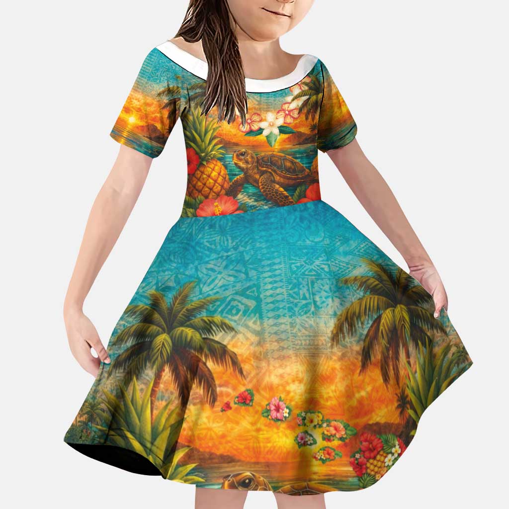 Hawaiian Turtles on Beach Family Matching Summer Maxi Dress and Hawaiian Shirt with Pineapple Tropical Plant and Lei LT03 Daughter's Dress Multicolor - Polynesian Pride