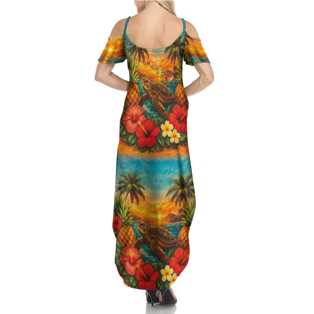 Hawaiian Turtles on Beach Family Matching Summer Maxi Dress and Hawaiian Shirt with Pineapple Tropical Plant and Lei LT03 - Polynesian Pride