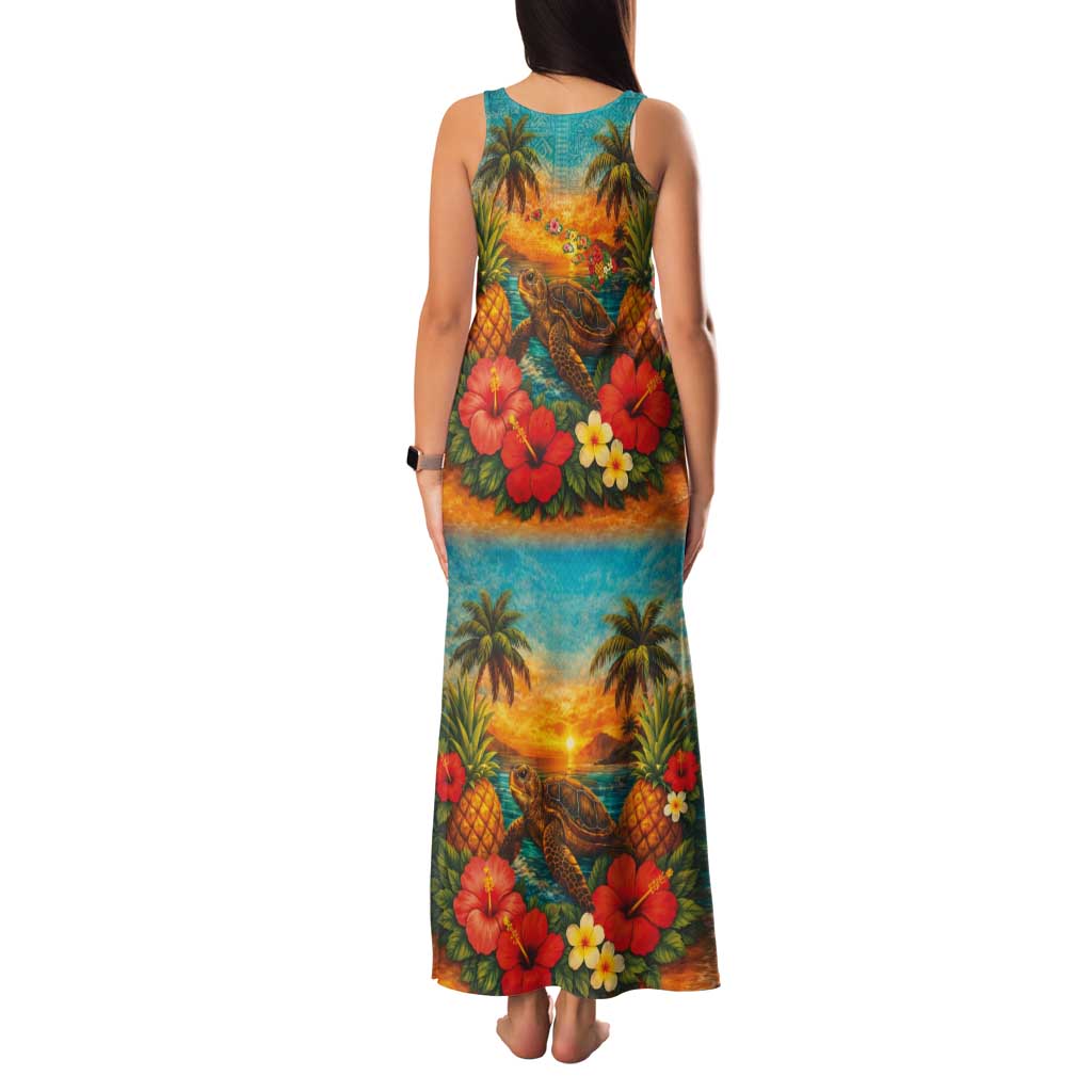 Hawaiian Turtles on Beach Family Matching Tank Maxi Dress and Hawaiian Shirt with Pineapple Tropical Plant and Lei LT03 - Polynesian Pride