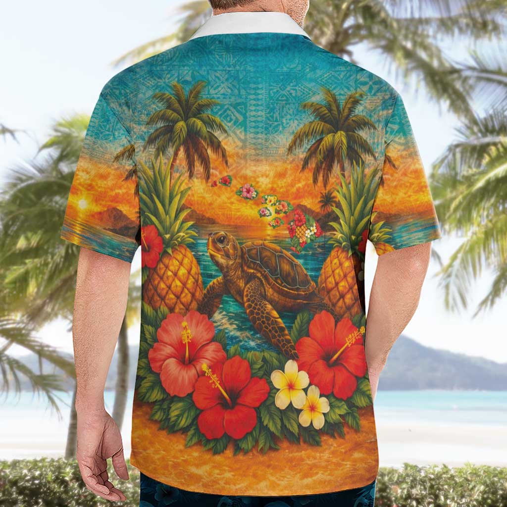 Hawaiian Turtles on Beach Hawaiian Shirt with Pineapple Tropical Plant and Lei