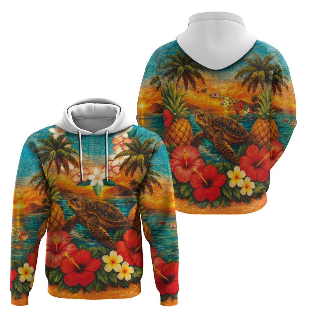 Hawaiian Turtles on Beach Hoodie with Pineapple Tropical Plant and Lei