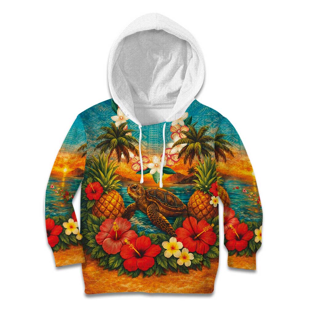 Hawaiian Turtles on Beach Kid Hoodie with Pineapple Tropical Plant and Lei