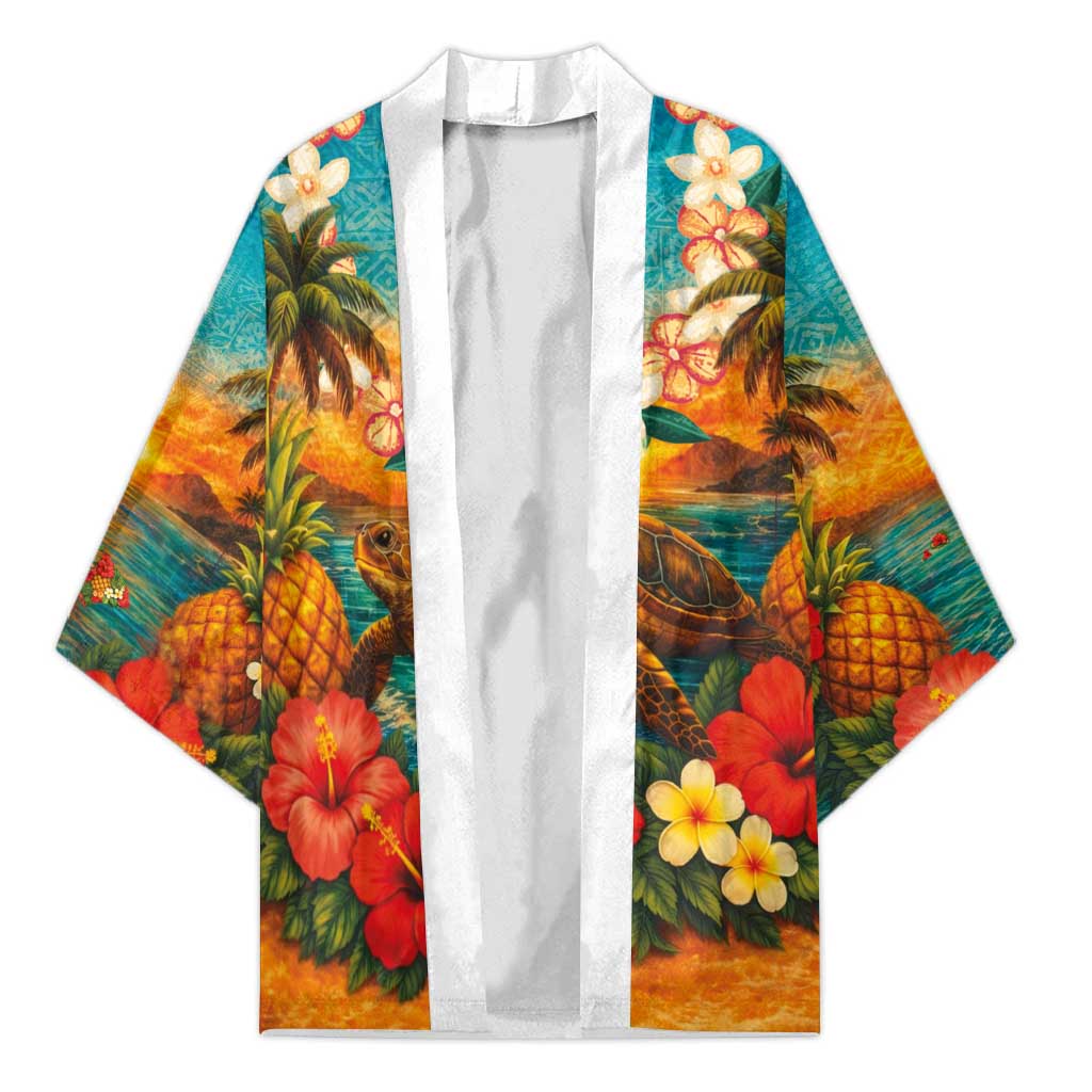 Hawaiian Turtles on Beach Kimono with Pineapple Tropical Plant and Lei