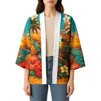 Hawaiian Turtles on Beach Kimono with Pineapple Tropical Plant and Lei