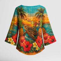Hawaiian Turtles on Beach Kimono Sleeve Blouse with Pineapple Tropical Plant and Lei