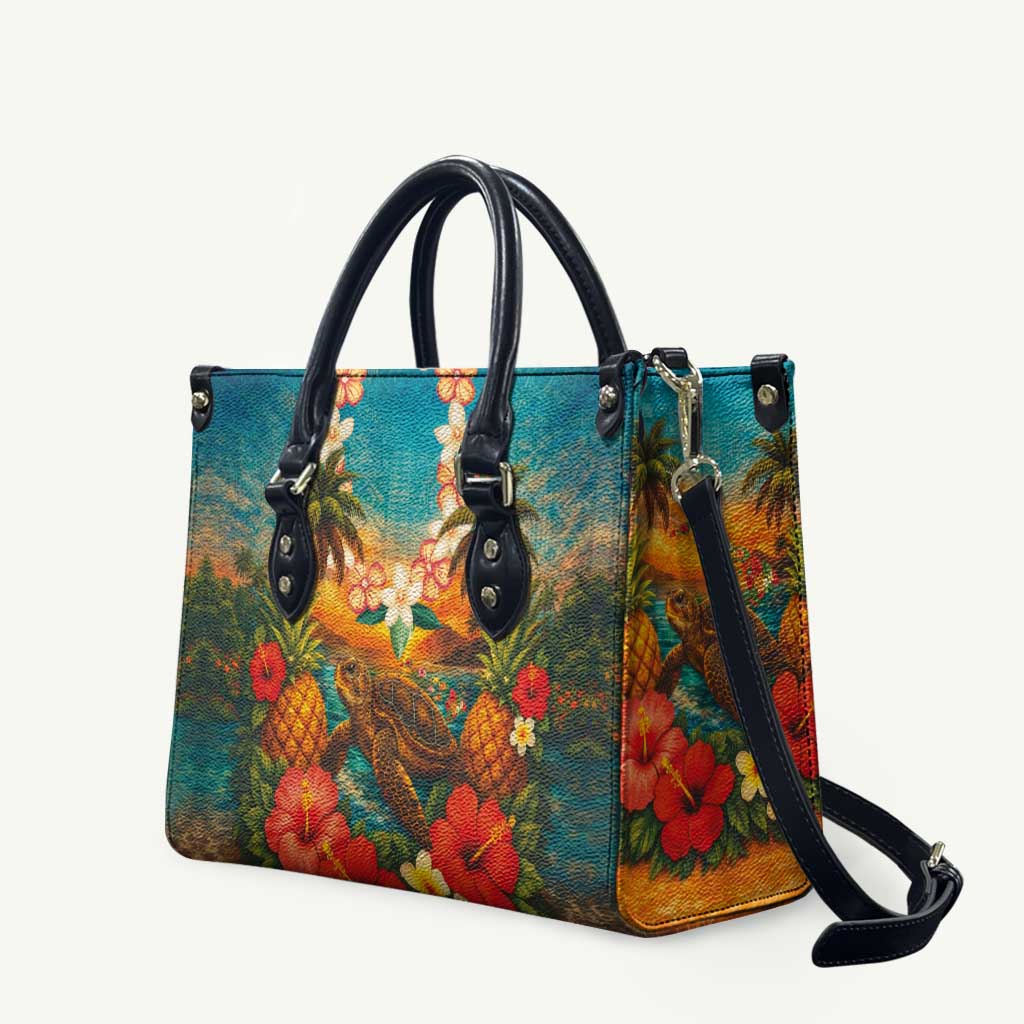 Hawaiian Turtles on Beach Leather Bag with Pineapple Tropical Plant and Lei