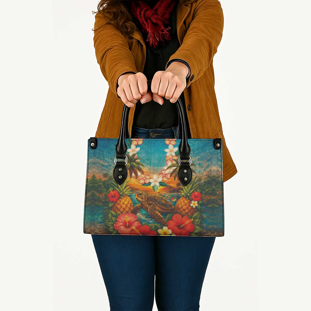 Hawaiian Turtles on Beach Leather Bag with Pineapple Tropical Plant and Lei