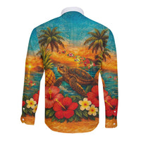 Hawaiian Turtles on Beach Long Sleeve Button Shirt with Pineapple Tropical Plant and Lei