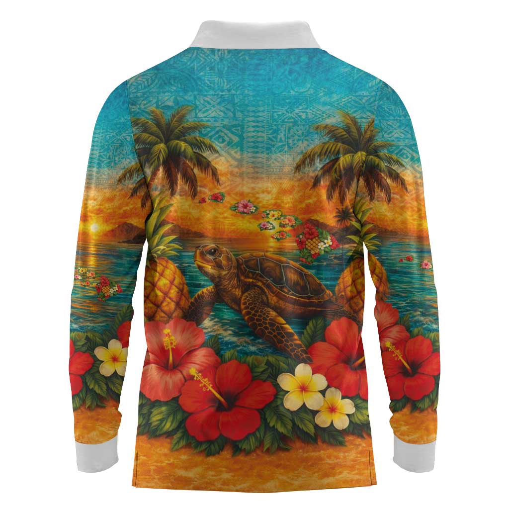 Hawaiian Turtles on Beach Long Sleeve Polo Shirt with Pineapple Tropical Plant and Lei