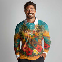 Hawaiian Turtles on Beach Long Sleeve Polo Shirt with Pineapple Tropical Plant and Lei