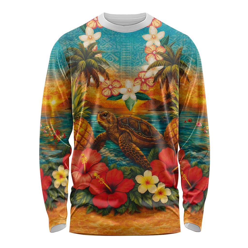 Hawaiian Turtles on Beach Long Sleeve Shirt with Pineapple Tropical Plant and Lei