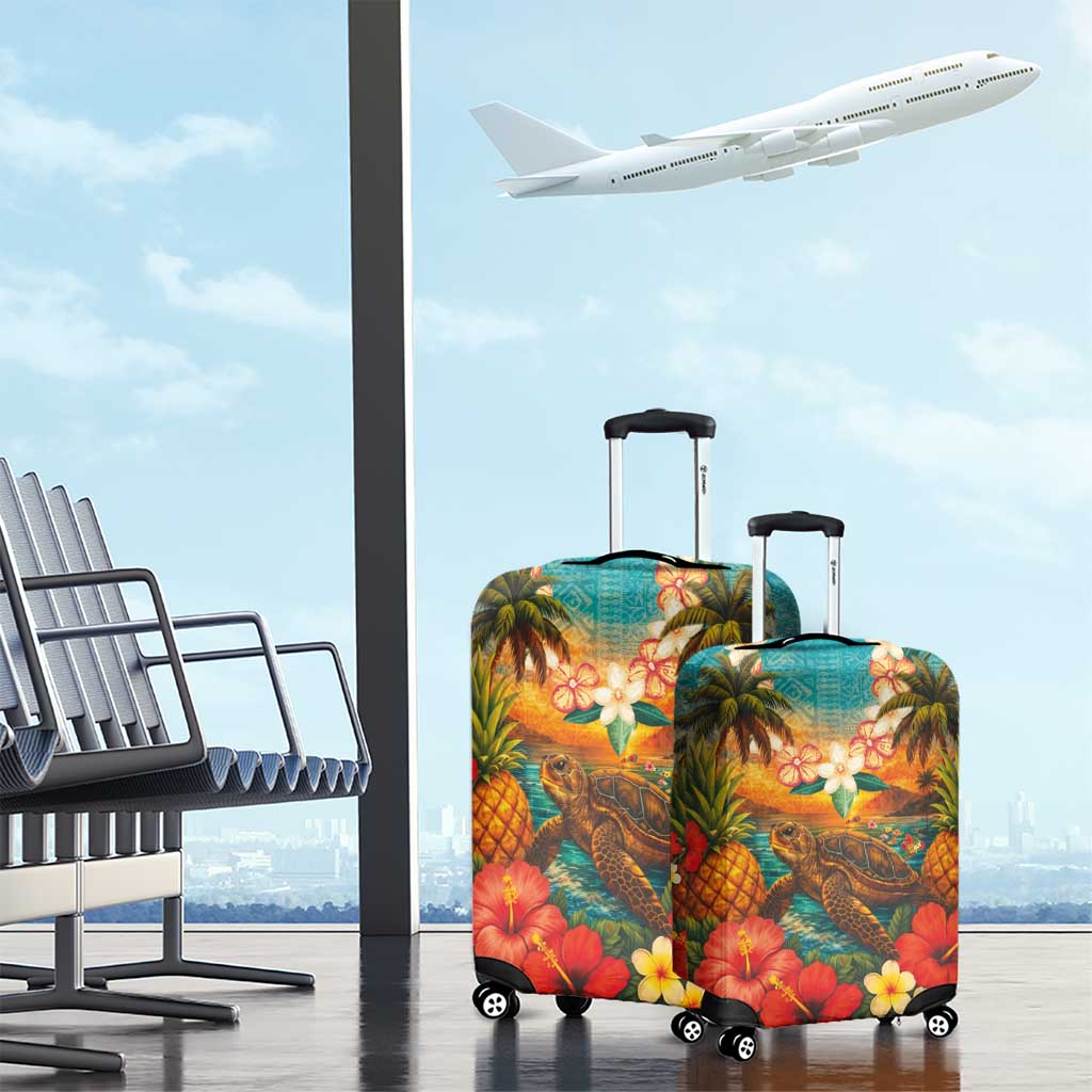 Hawaiian Turtles on Beach Luggage Cover with Pineapple Tropical Plant and Lei