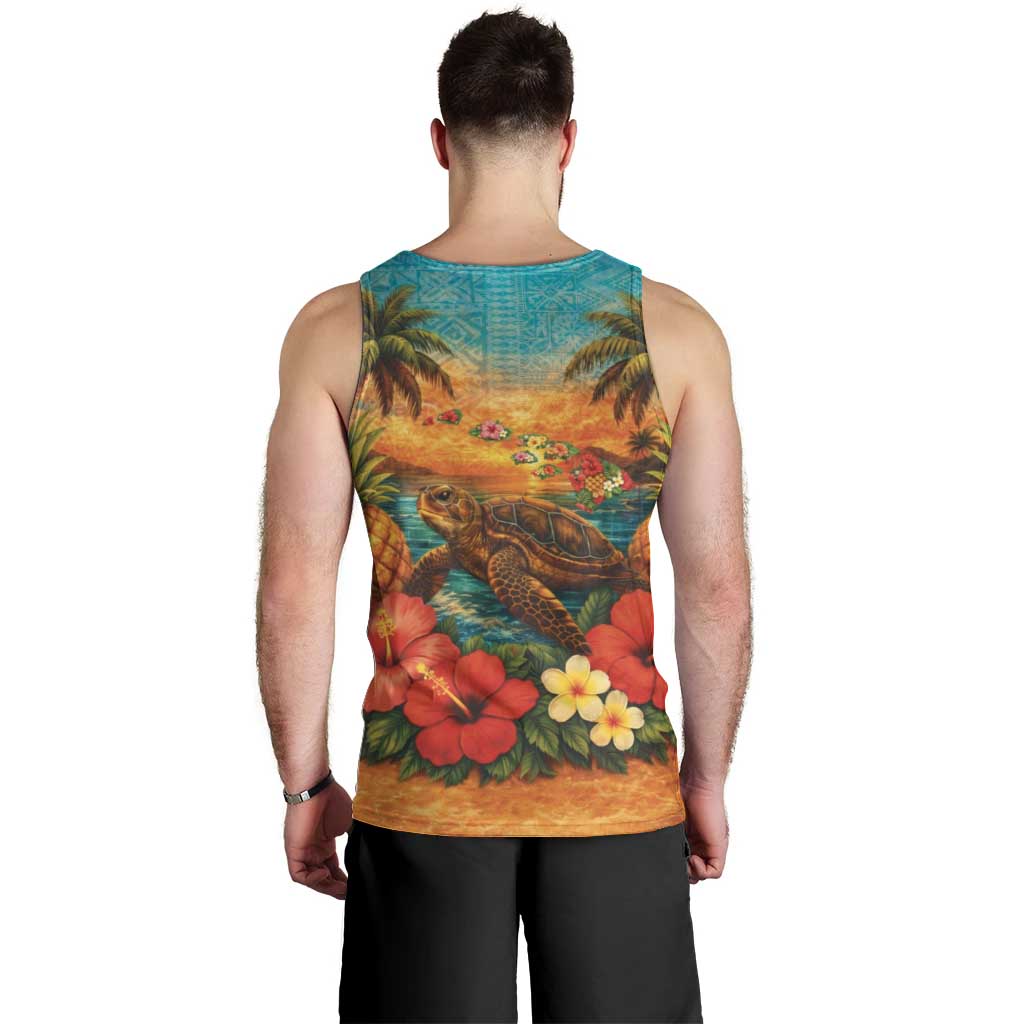 Hawaiian Turtles on Beach Men Tank Top with Pineapple Tropical Plant and Lei