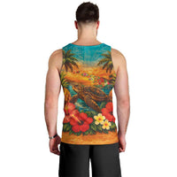 Hawaiian Turtles on Beach Men Tank Top with Pineapple Tropical Plant and Lei