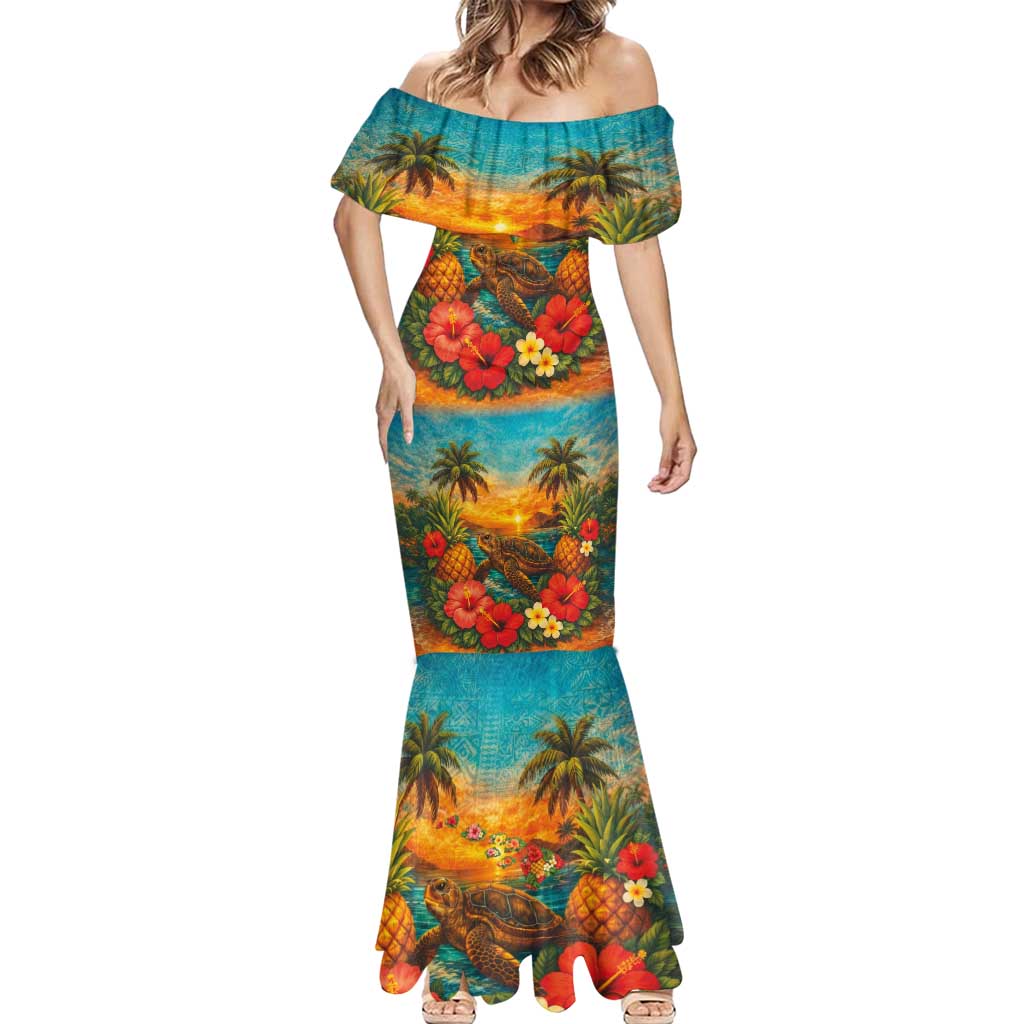 Hawaiian Turtles on Beach Mermaid Dress with Pineapple Tropical Plant and Lei