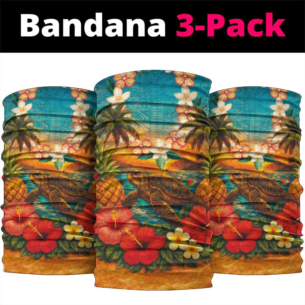 Hawaiian Turtles on Beach Neck Gaiter with Pineapple Tropical Plant and Lei