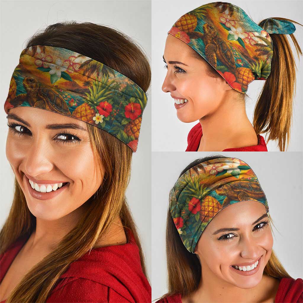 Hawaiian Turtles on Beach Neck Gaiter with Pineapple Tropical Plant and Lei
