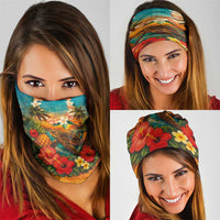Hawaiian Turtles on Beach Neck Gaiter with Pineapple Tropical Plant and Lei