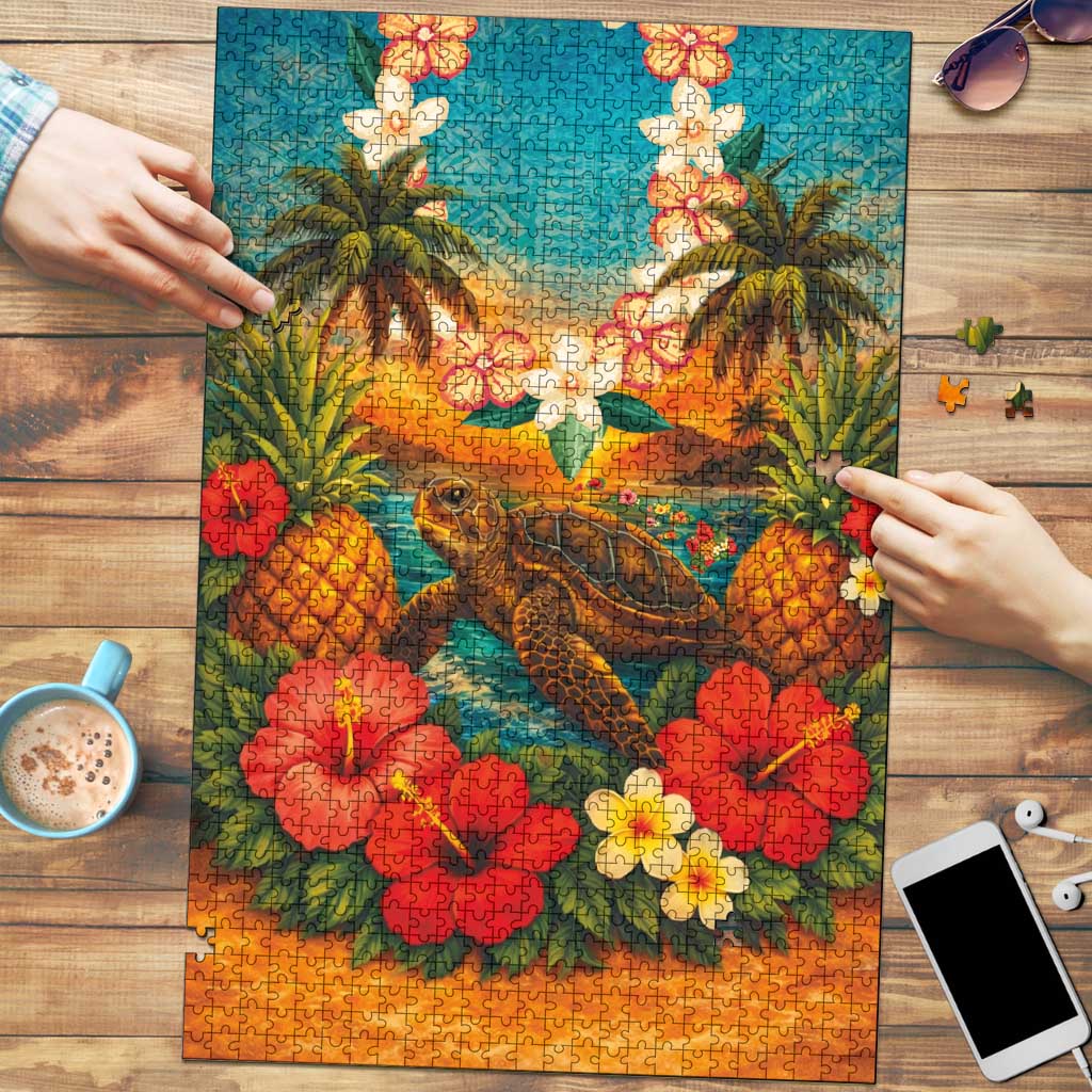 Hawaiian Turtles on Beach Puzzle with Pineapple Tropical Plant and Lei