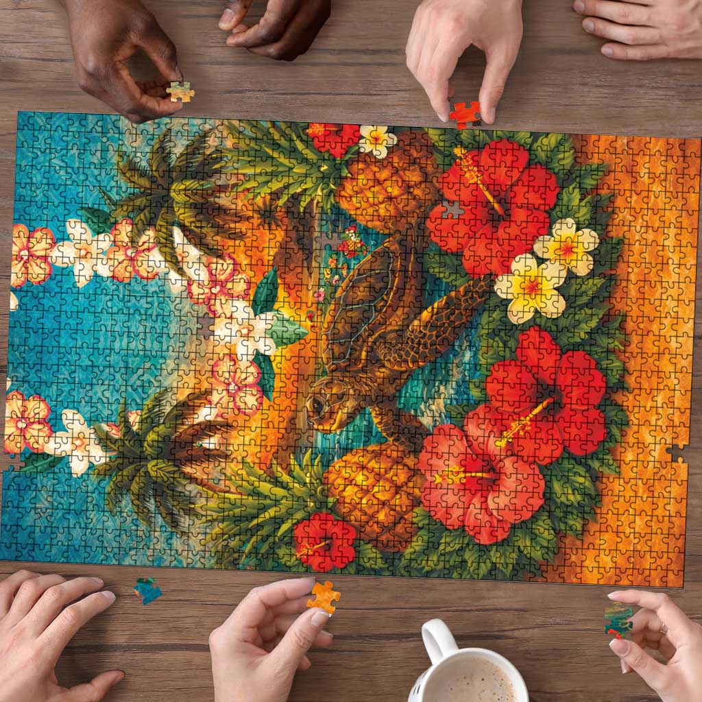 Hawaiian Turtles on Beach Puzzle with Pineapple Tropical Plant and Lei