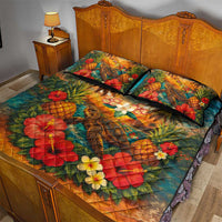 Hawaiian Turtles on Beach Quilt Bed Set with Pineapple Tropical Plant and Lei