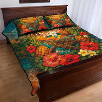Hawaiian Turtles on Beach Quilt Bed Set with Pineapple Tropical Plant and Lei