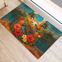Hawaiian Turtles on Beach Rubber Doormat with Pineapple Tropical Plant and Lei