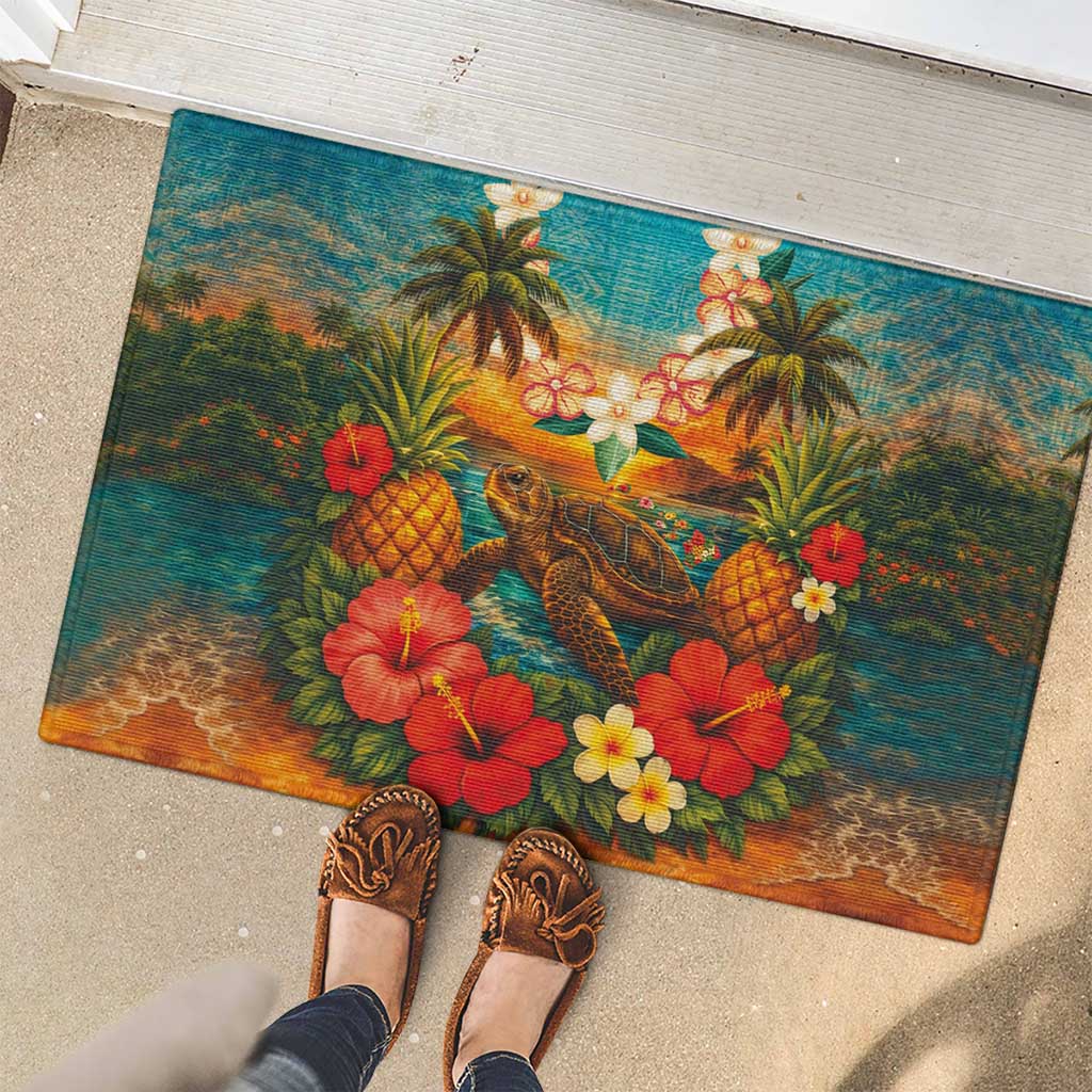 Hawaiian Turtles on Beach Rubber Doormat with Pineapple Tropical Plant and Lei