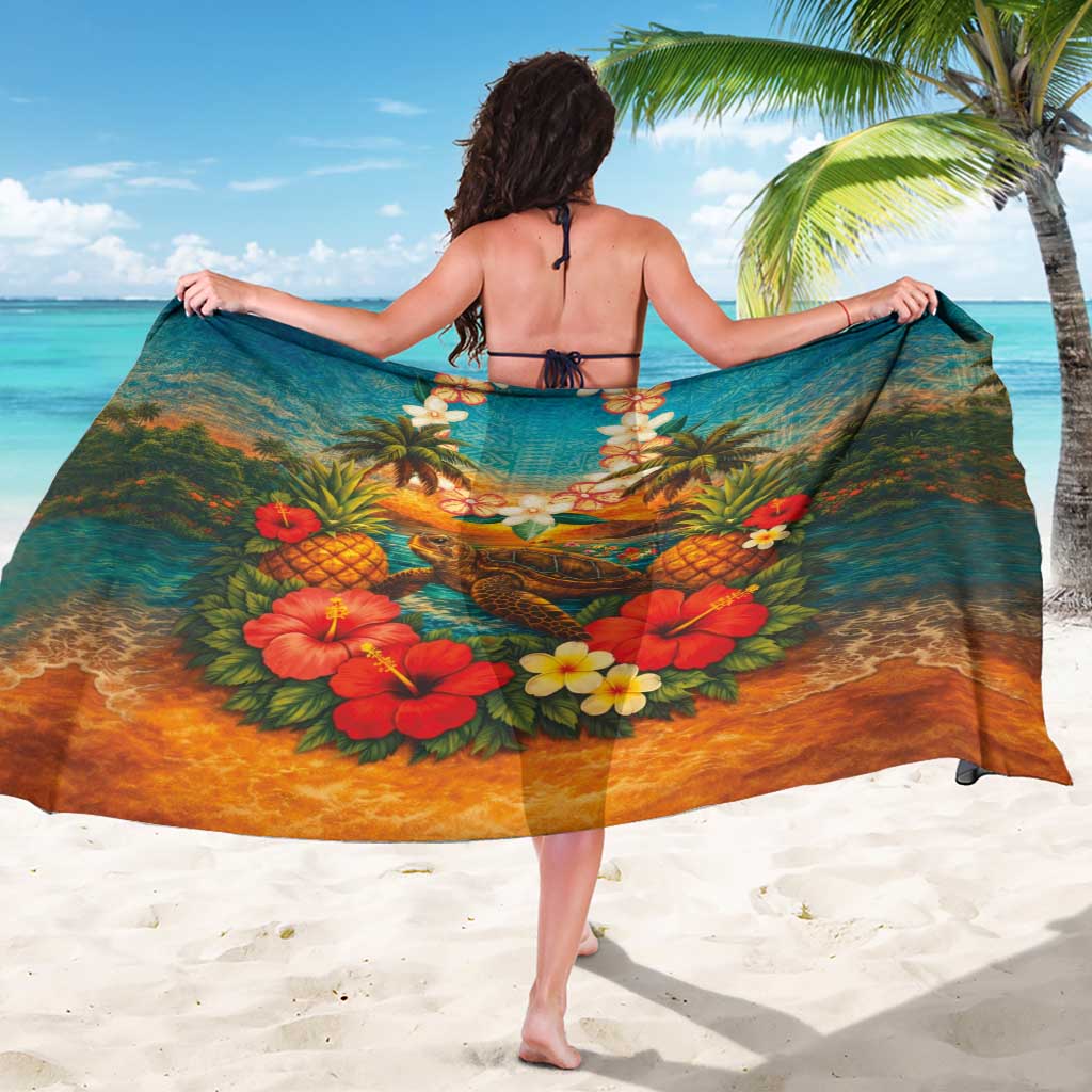 Hawaiian Turtles on Beach Sarong with Pineapple Tropical Plant and Lei