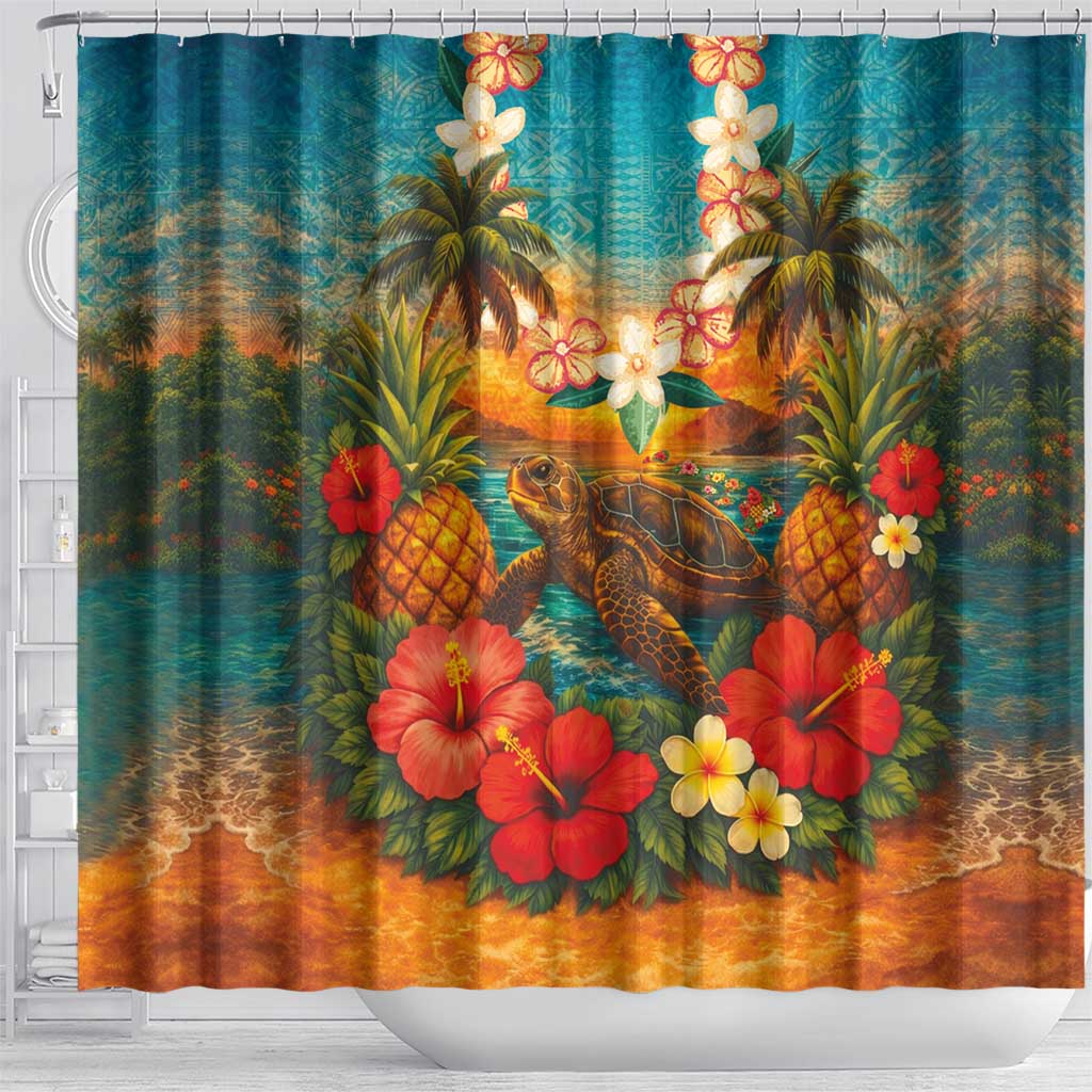 Hawaiian Turtles on Beach Shower Curtain with Pineapple Tropical Plant and Lei