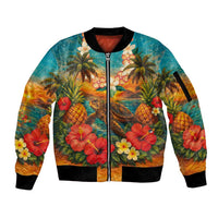 Hawaiian Turtles on Beach Sleeve Zip Bomber Jacket with Pineapple Tropical Plant and Lei