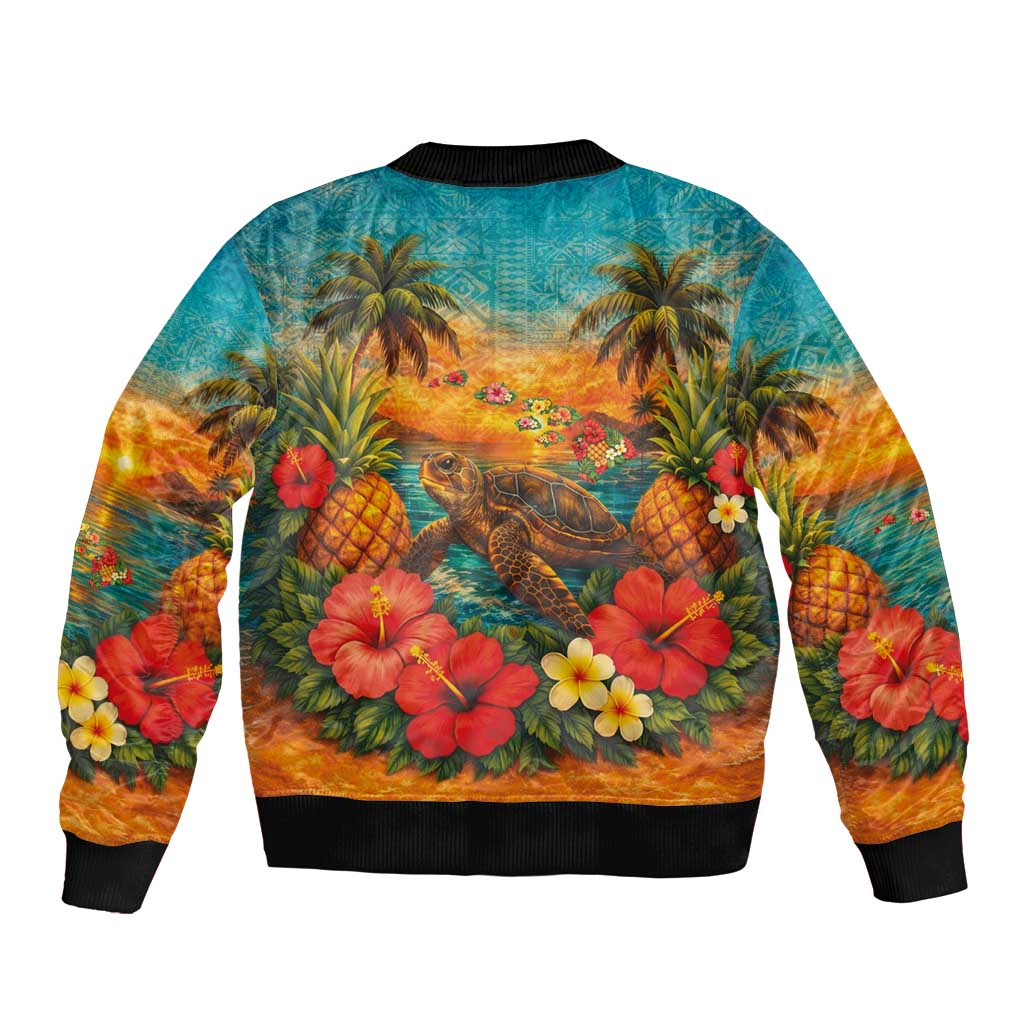 Hawaiian Turtles on Beach Sleeve Zip Bomber Jacket with Pineapple Tropical Plant and Lei