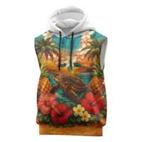 Hawaiian Turtles on Beach Sleeveless Hoodie with Pineapple Tropical Plant and Lei