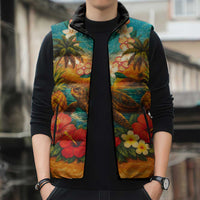 Hawaiian Turtles on Beach Sleeveless Puffer Jacket with Pineapple Tropical Plant and Lei