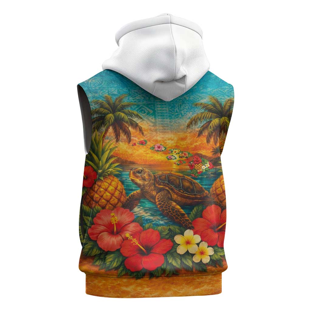 Hawaiian Turtles on Beach Sleeveless Zip Hoodie with Pineapple Tropical Plant and Lei