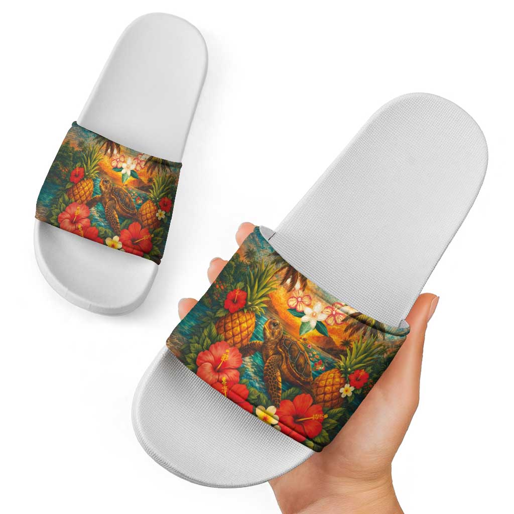 Hawaiian Turtles on Beach Slide Sandals with Pineapple Tropical Plant and Lei
