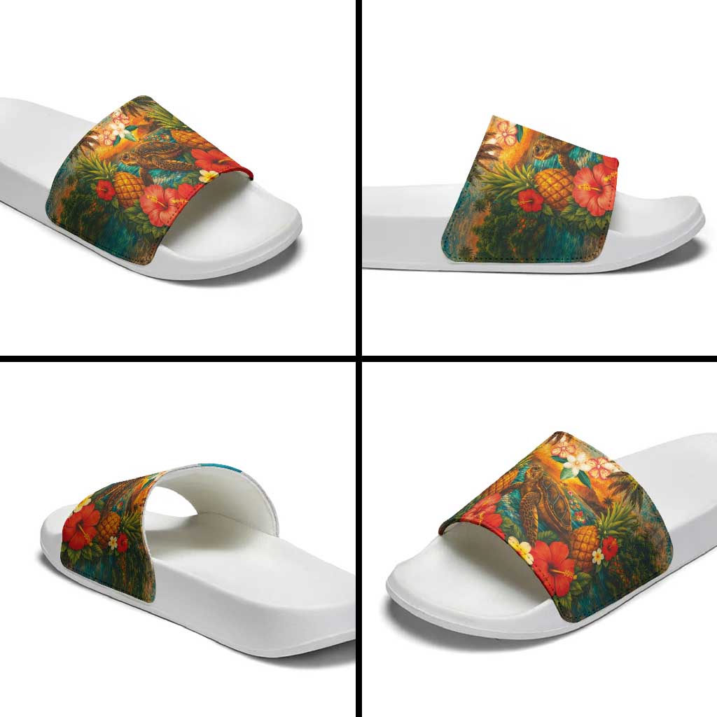 Hawaiian Turtles on Beach Slide Sandals with Pineapple Tropical Plant and Lei