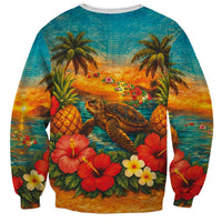 Hawaiian Turtles on Beach Sweatshirt with Pineapple Tropical Plant and Lei