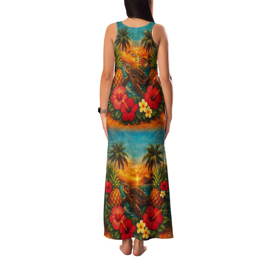Hawaiian Turtles on Beach Tank Maxi Dress with Pineapple Tropical Plant and Lei