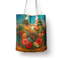 Hawaiian Turtles on Beach Tote Bag with Pineapple Tropical Plant and Lei