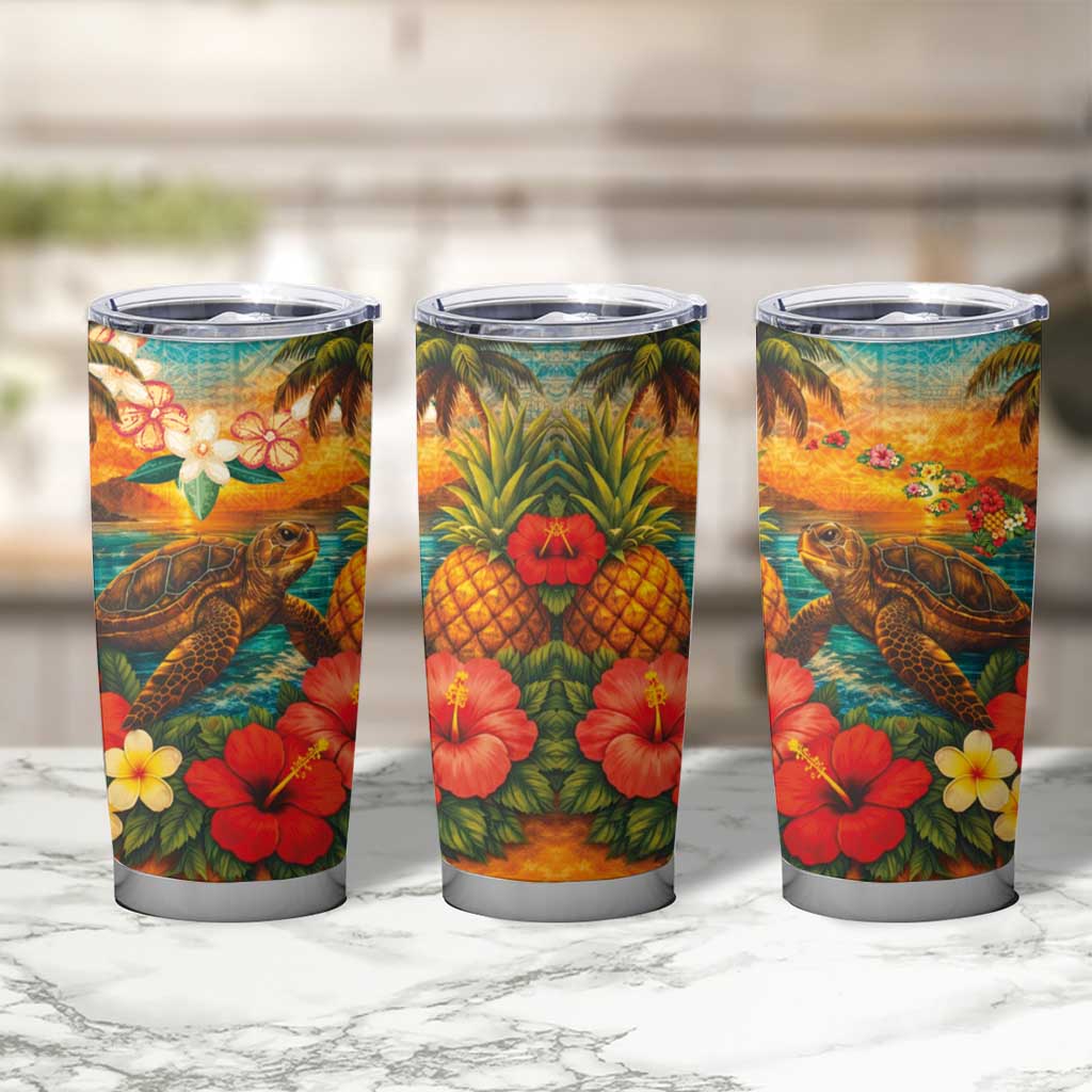 Hawaiian Turtles on Beach Tumbler Cup with Pineapple Tropical Plant and Lei