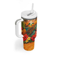 Hawaiian Turtles on Beach Tumbler With Handle with Pineapple Tropical Plant and Lei