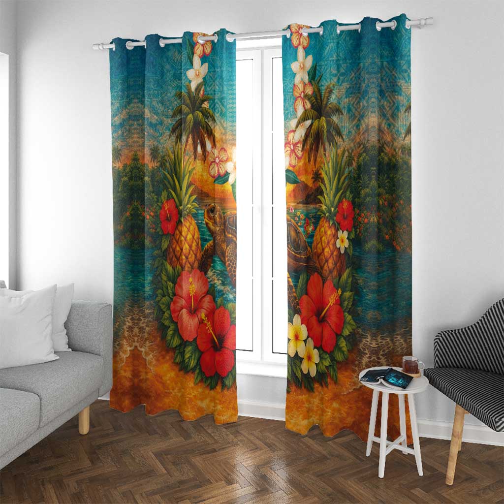 Hawaiian Turtles on Beach Window Curtain with Pineapple Tropical Plant and Lei