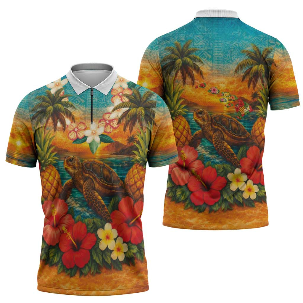 Hawaiian Turtles on Beach Zipper Polo Shirt with Pineapple Tropical Plant and Lei
