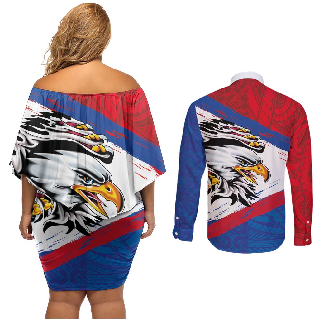 American Samoa Flag Day Couples Matching Off Shoulder Short Dress and Long Sleeve Button Shirt Polynesian Art Geometric with Flag Brush Style